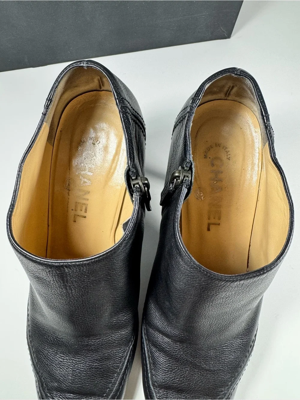 Vintage CHANEL Black Leather Western Kitten Ankle Heel Point Booties Women 9.5